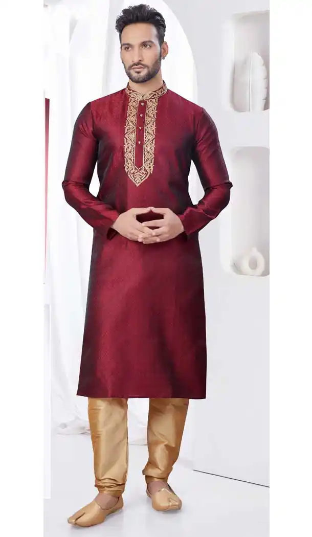 Maroon Silk Zari Work Mens Readymade Kurta Pajama - 9704188895