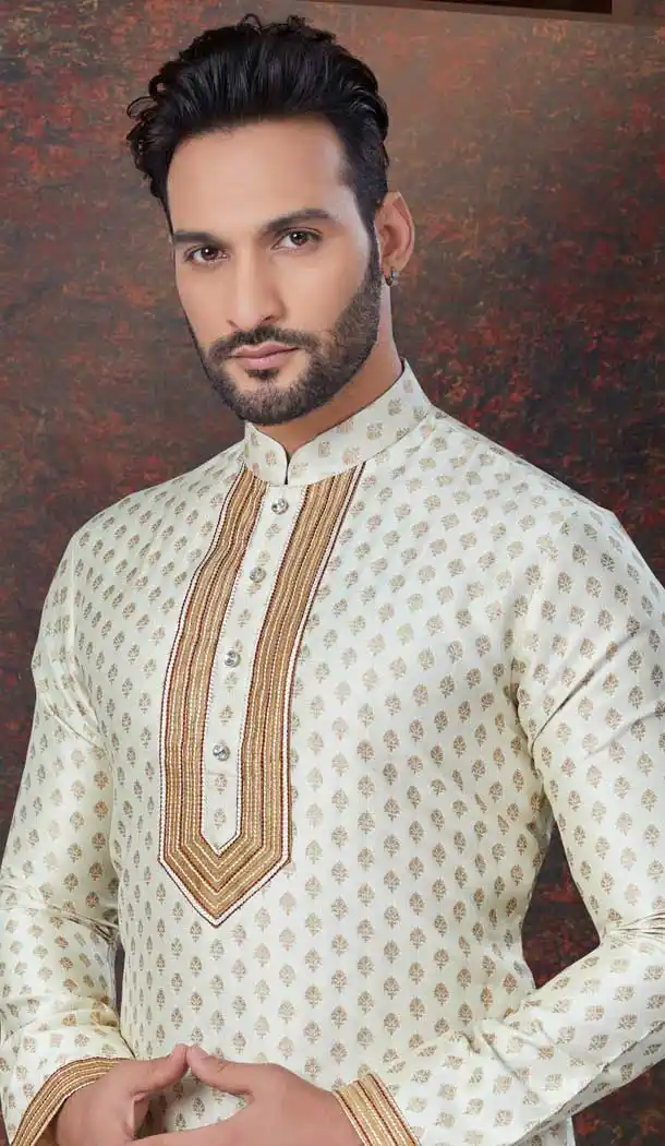 Cream Silk Resham Work Mens Readymade Kurta Pajama - 9704188896
