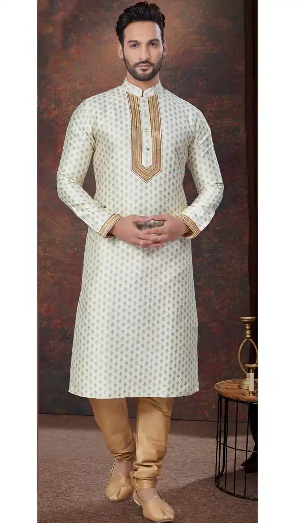 Cream Silk Resham Work Mens Readymade Kurta Pajama - 9704188896