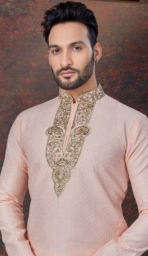 Peach Silk Zari Work Mens Readymade Kurta Pajama - 9704188897