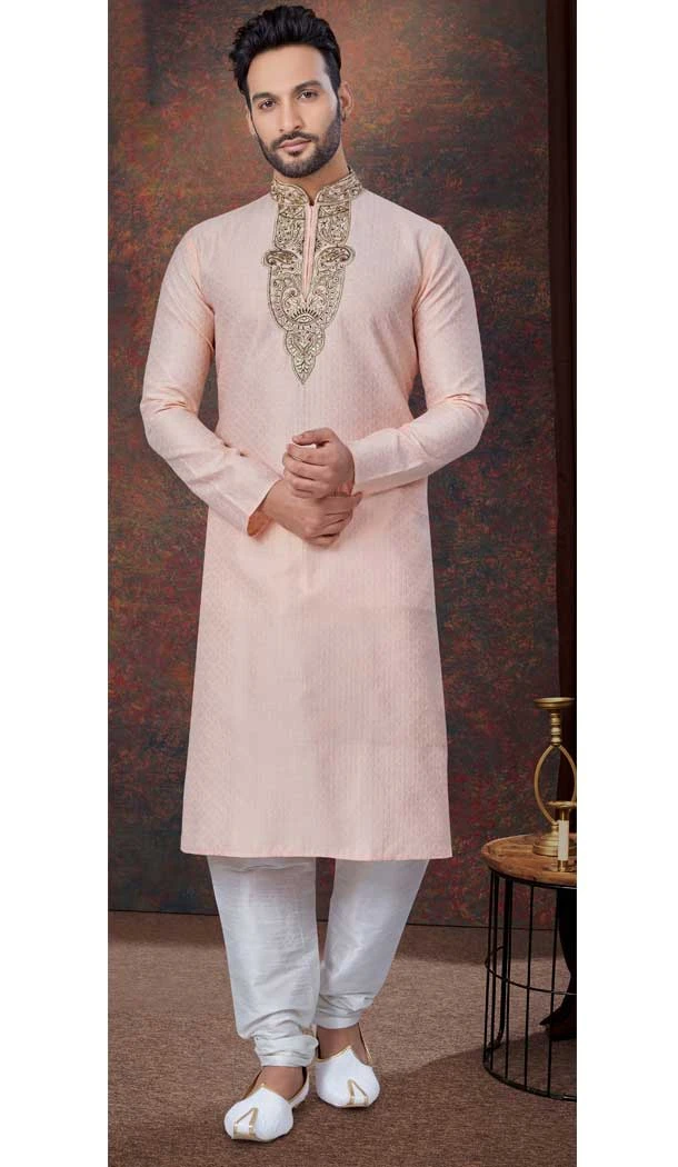 Peach Silk Zari Work Mens Readymade Kurta Pajama - 9704188897