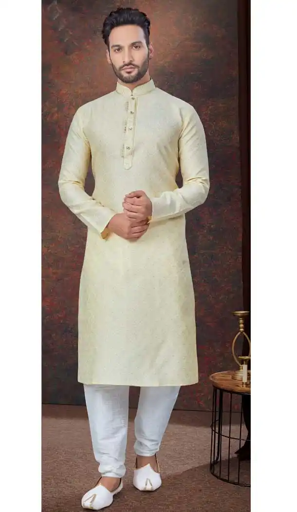 Gold Silk Traditional Work Mens Readymade Kurta Pajama - 9704188898
