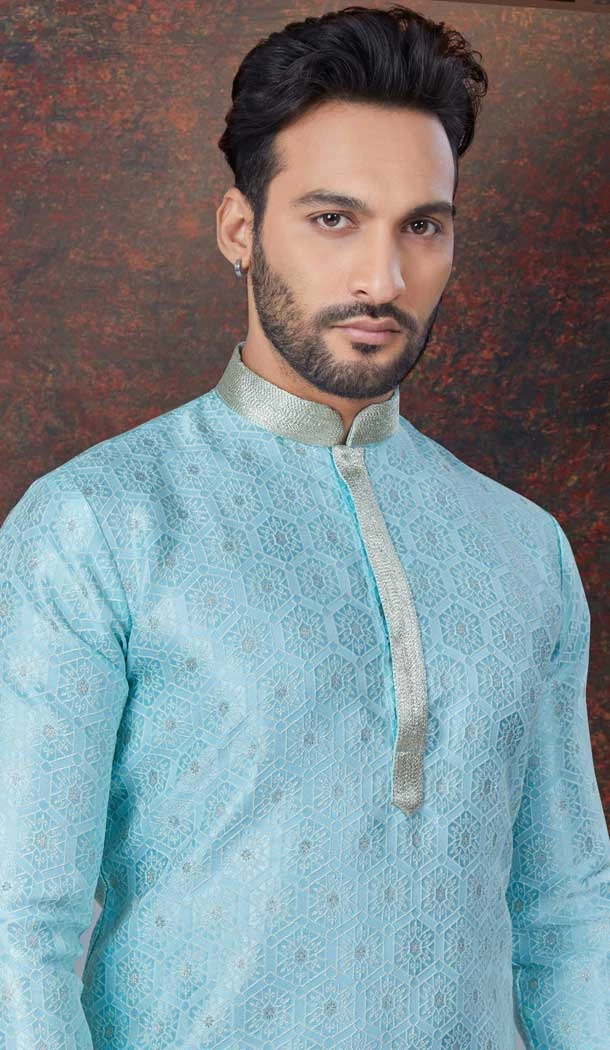 Sky Blue Silk Zari Work Mens Readymade Kurta Pajama - 9704188899