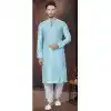 Sky Blue Silk Zari Work Mens Readymade Plus Size Kurta Pajama - 9704188899