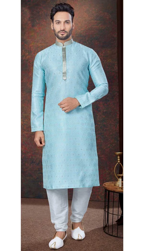 Sky Blue Silk Zari Work Mens Readymade Kurta Pajama - 9704188899