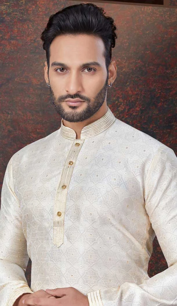Cream Jacquard Silk Resham Work Mens Readymade Kurta Pajama - 9704188901