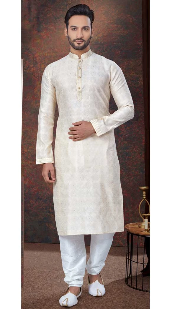 Cream Jacquard Silk Resham Work Mens Readymade Kurta Pajama - 9704188901