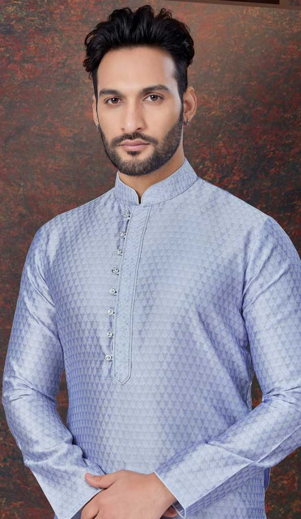 Light Bluish Silk Resham Work Mens Readymade Kurta Pajama - 9704188902