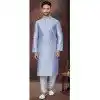 Light Bluish Silk Resham Work Mens Readymade Plus Size Kurta Pajama - 9704188902