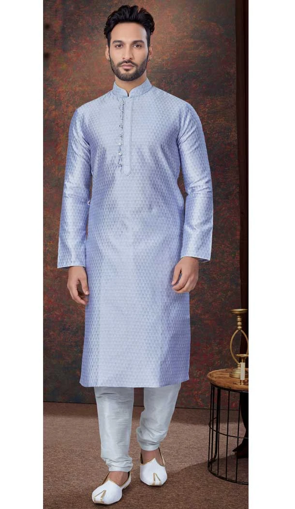Light Bluish Silk Resham Work Mens Readymade Kurta Pajama - 9704188902