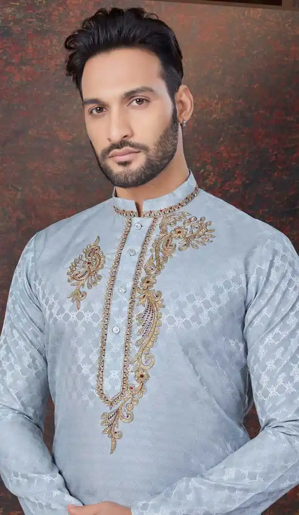 Grey Silk Zari Work Mens Readymade Kurta Pajama - 9704188903