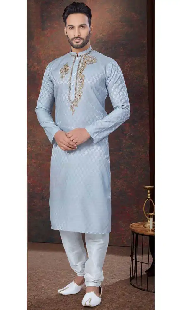 Grey Silk Zari Work Mens Readymade Kurta Pajama - 9704188903