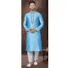 Sky Blue Jacquard Silk Resham Work Mens Readymade Plus Size Kurta Pajama - 9704188906