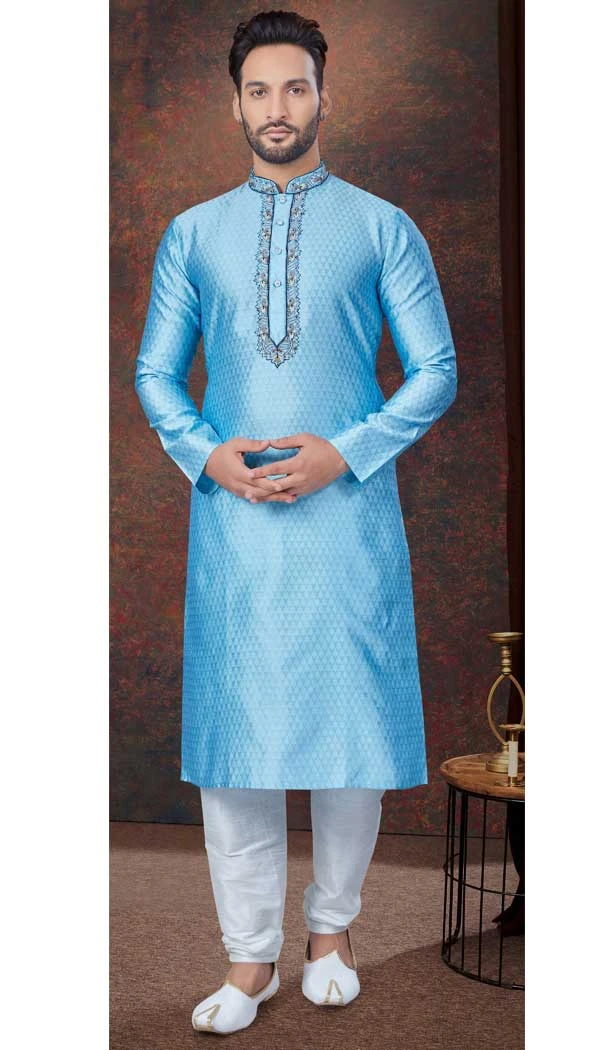 Sky Blue Jacquard Silk Resham Work Mens Readymade Kurta Pajama - 9704188906