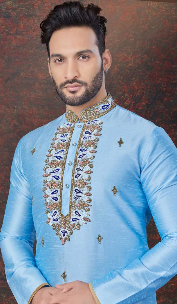 Sky Blue Art Silk Resham Work Mens Readymade Kurta Pajama - 9704188907