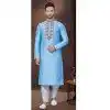Sky Blue Art Silk Resham Work Mens Readymade Plus Size Kurta Pajama - 9704188907