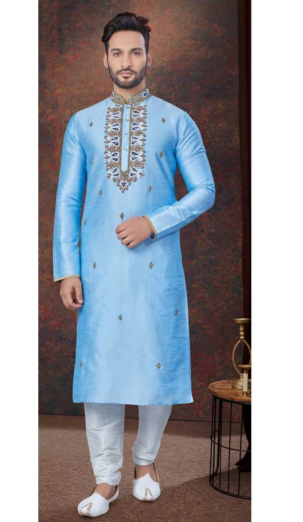 Sky Blue Art Silk Resham Work Mens Readymade Kurta Pajama - 9704188907
