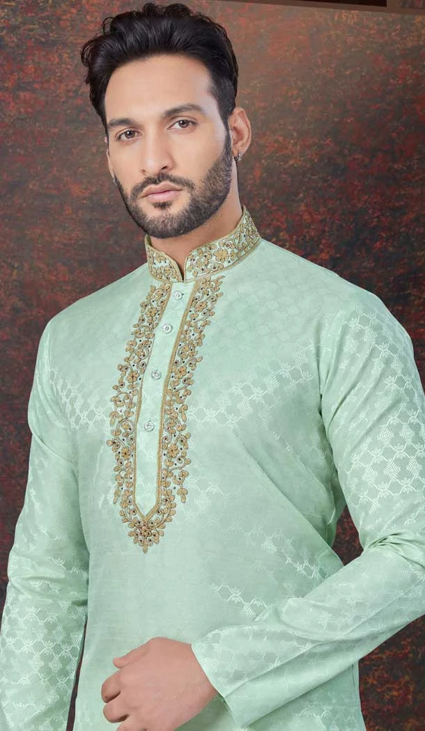 Pista Green Silk Zari Work Mens Readymade Kurta Pajama - 9704188908