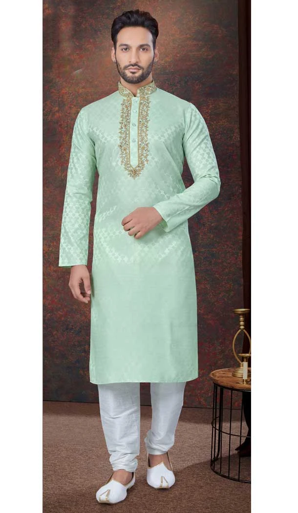 Pista Green Silk Zari Work Mens Readymade Kurta Pajama - 9704188908