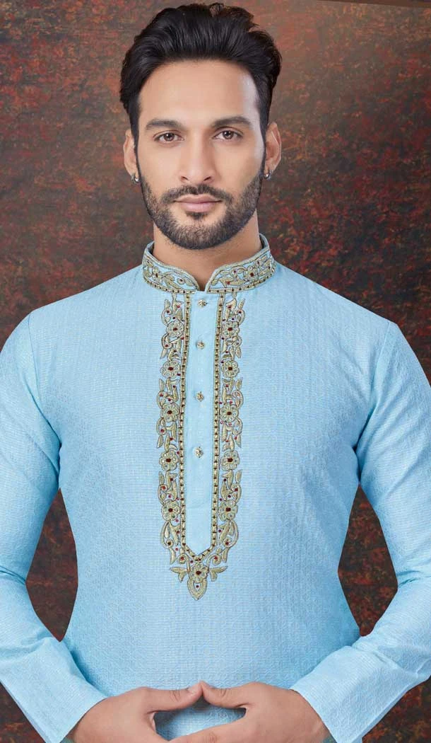 Sky Blue Jacquard Silk Zari Work Mens Readymade Kurta Pajama - 9704188909