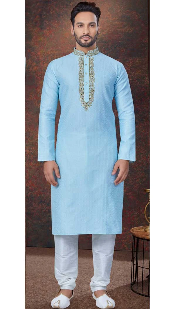 Sky Blue Jacquard Silk Zari Work Mens Readymade Kurta Pajama - 9704188909