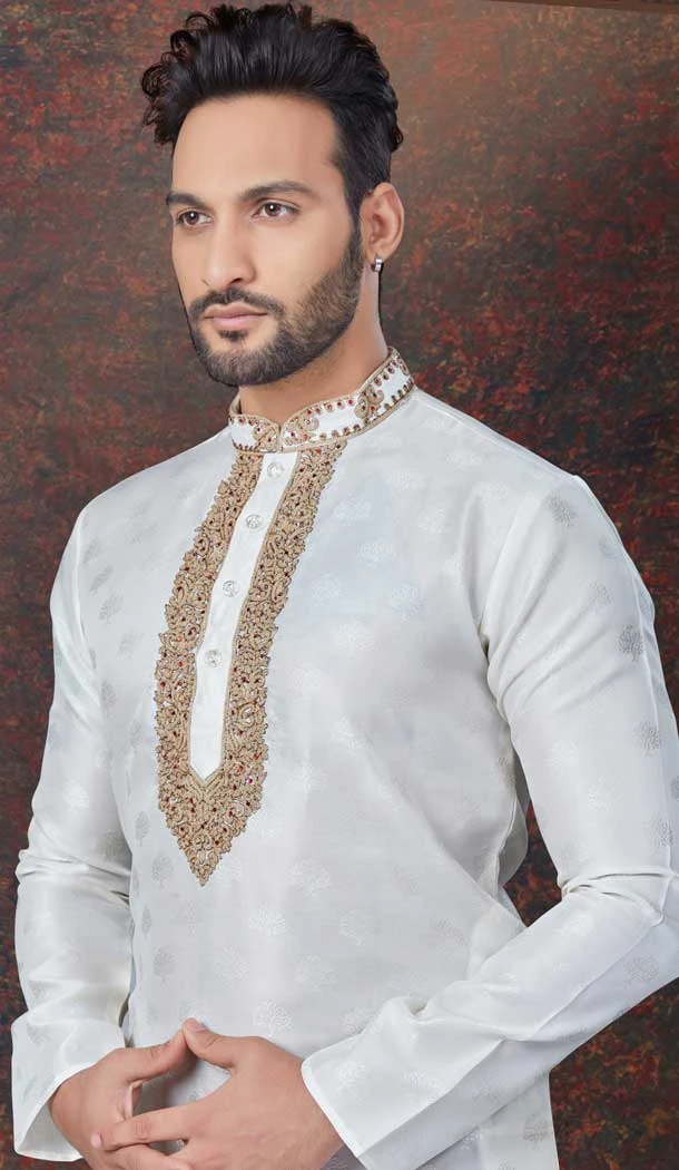 Off White Silk Resham Work Mens Readymade Kurta Pajama - 9704188911