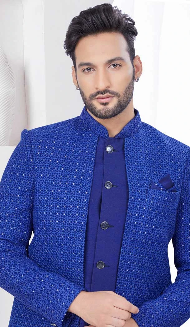 Navy Blue Dhupion Resham Work Wedding Wear Men Indo Western - 9705188912