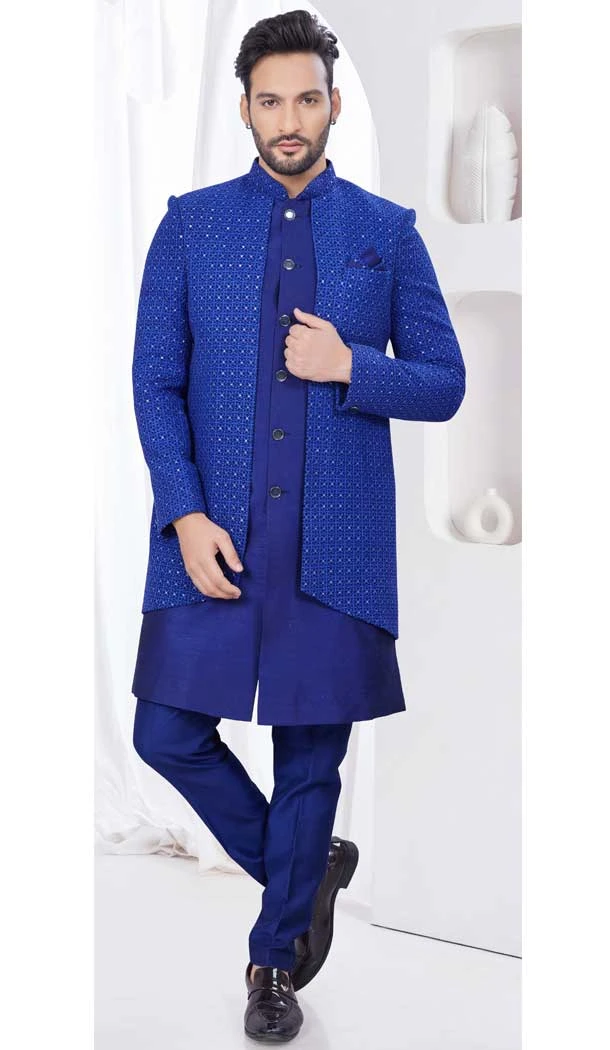 Navy Blue Dhupion Resham Work Wedding Wear Men Indo Western - 9705188912