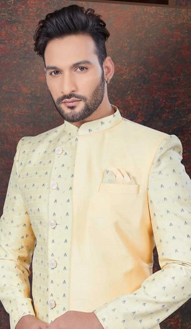 Gold Dhupion Woven Work Wedding Wear Men Indo Western - 9705188913