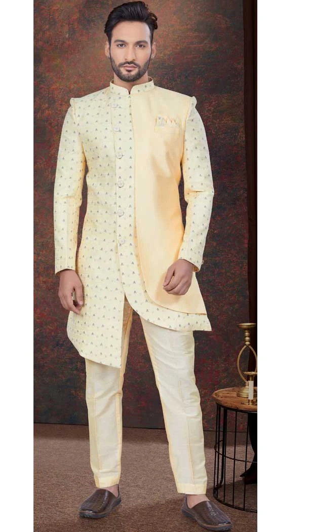 Gold Dhupion Woven Work Wedding Wear Men Indo Western - 9705188913