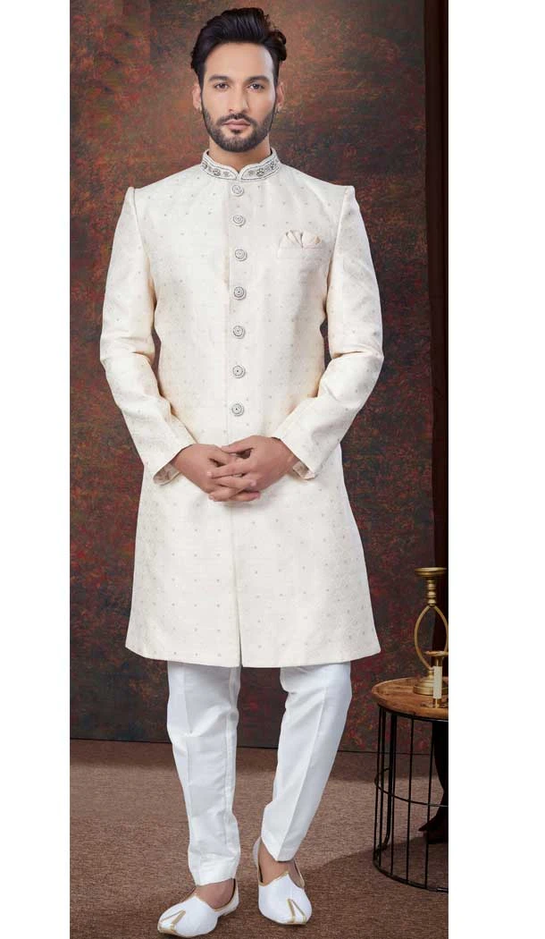 Cream Jacquard Silk Stone Work Wedding Wear Men Indo Western - 9705188914