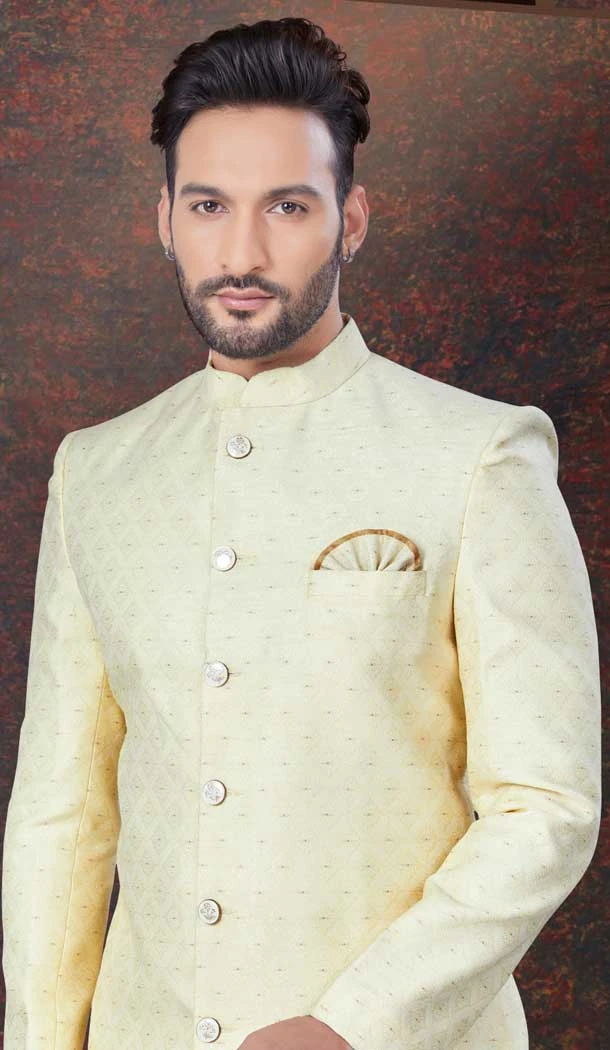 Gold Jacquard Silk Woven Work Wedding Wear Men Indo Western - 9705188915