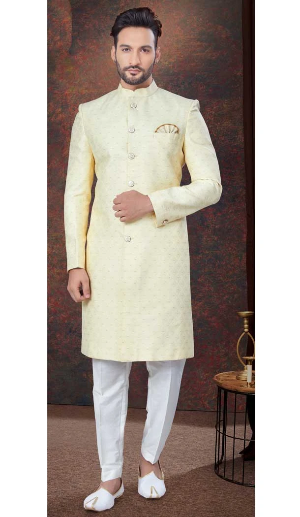 Gold Jacquard Silk Woven Work Wedding Wear Men Indo Western - 9705188915