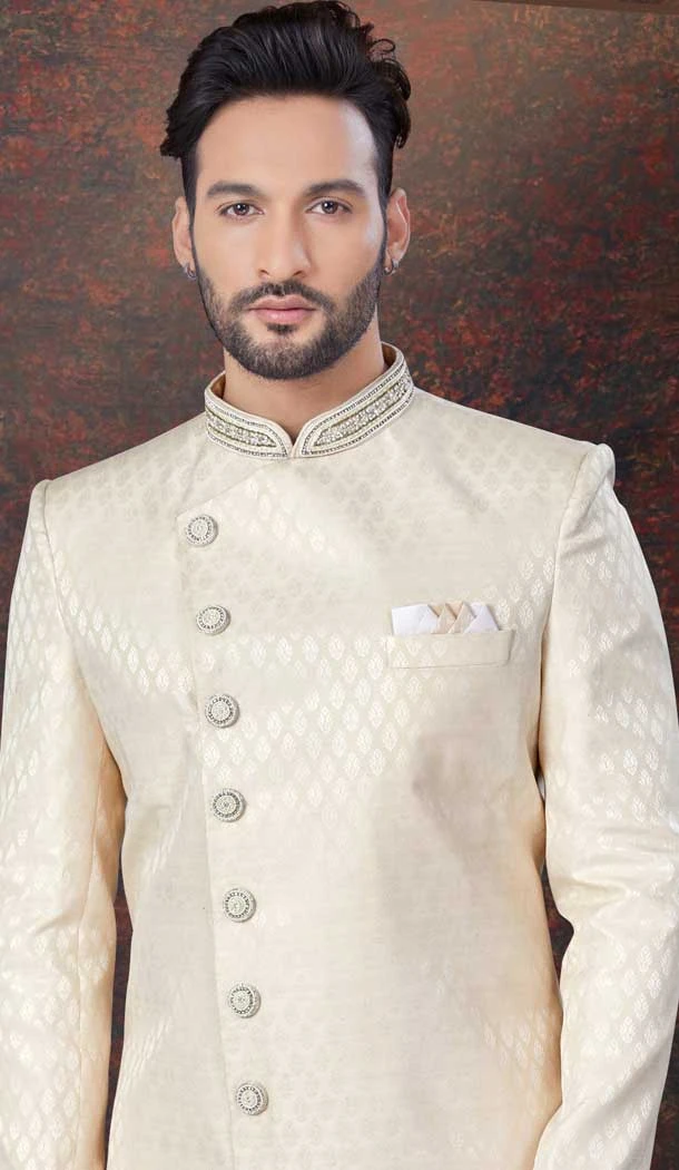 Jacquard Silk Stone Work Wedding Wear Men Indo Western In Cream - 9705188916