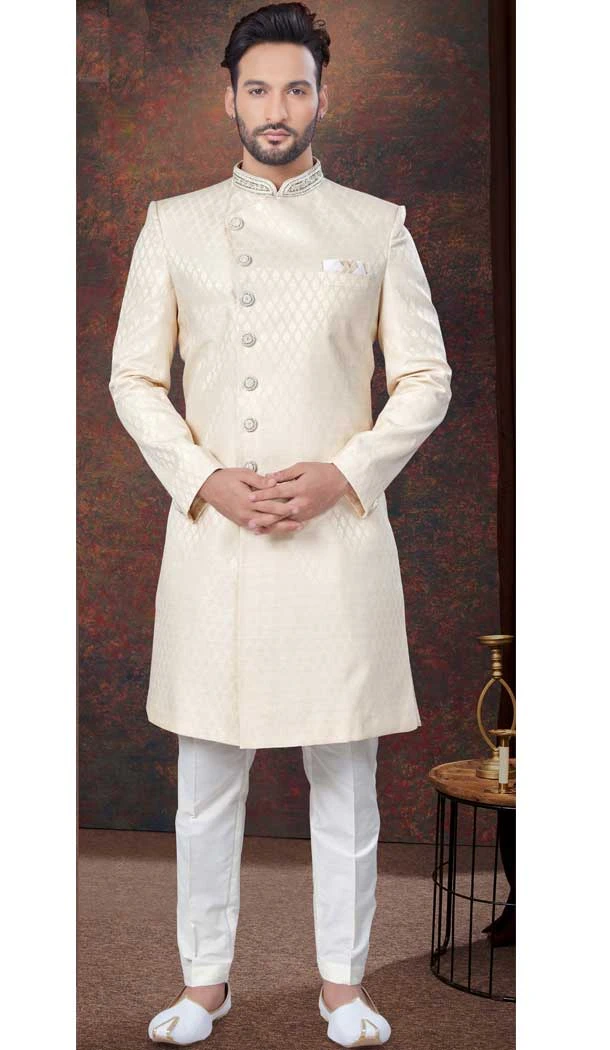 Jacquard Silk Stone Work Wedding Wear Men Indo Western In Cream - 9705188916
