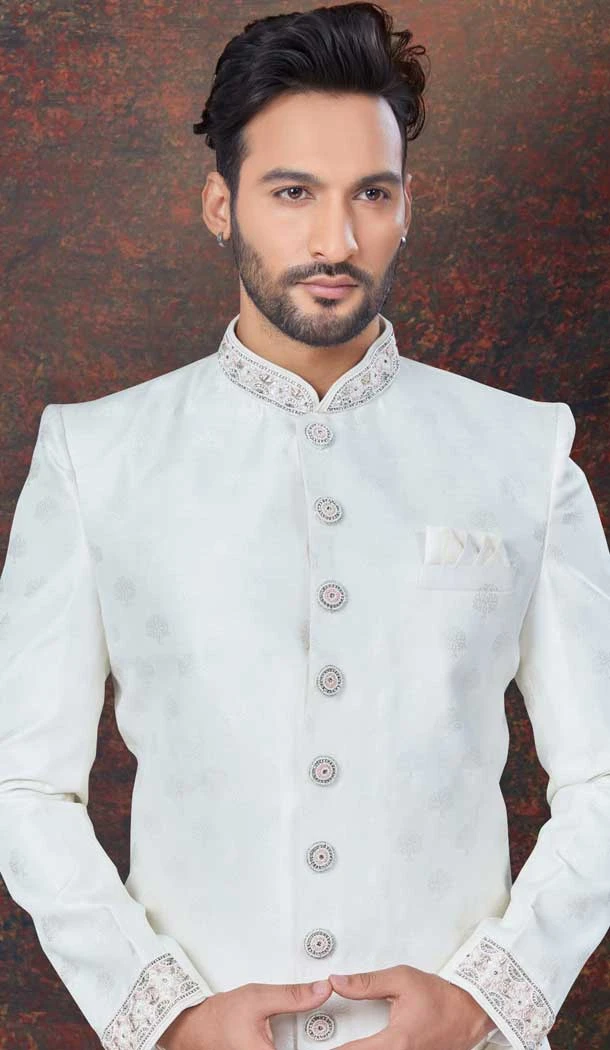 Off White Jacquard Silk Stone Work Wedding Wear Men Indo Western - 9705188917