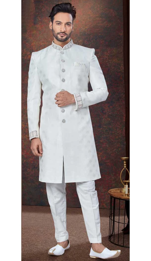 Off White Jacquard Silk Stone Work Wedding Wear Men Indo Western - 9705188917