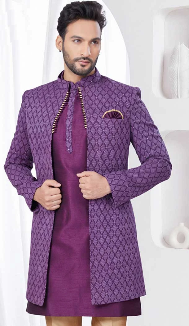 Winish Purple Dhupion Resham Work Wedding Wear Men Indo Western - 9705188918