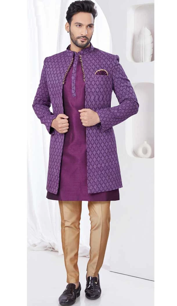 Winish Purple Dhupion Resham Work Wedding Wear Men Indo Western - 9705188918