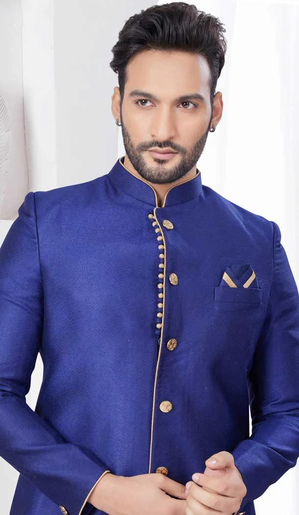 Navy Blue Jacquard Silk Woven Work Wedding Wear Men Indo Western - 9705188919