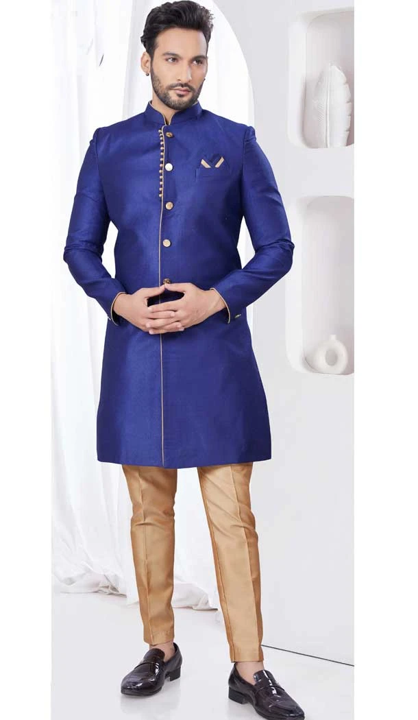 Navy Blue Jacquard Silk Woven Work Wedding Wear Men Indo Western - 9705188919
