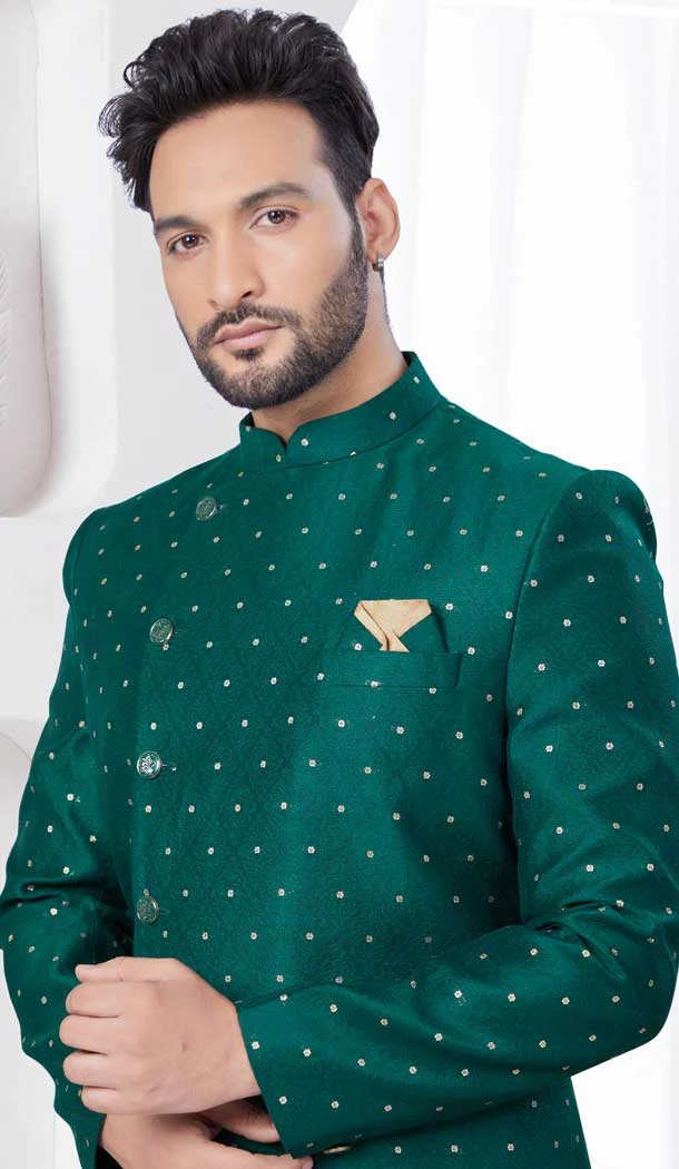 Green Jacquard Silk Woven Work Wedding Wear Men Indo Western - 9705188921