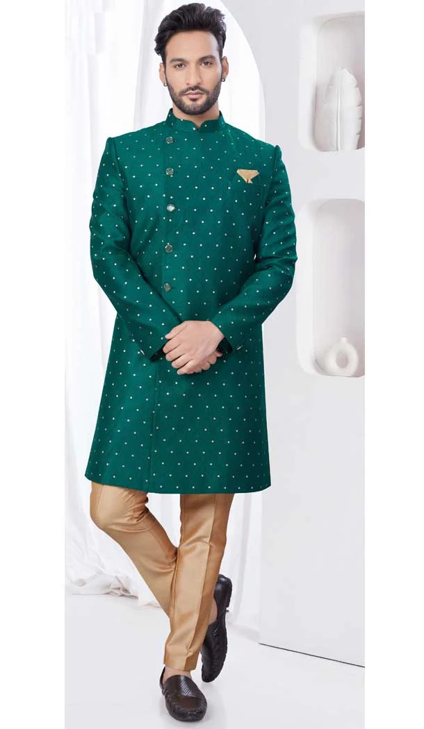 Green Jacquard Silk Woven Work Wedding Wear Men Indo Western - 9705188921