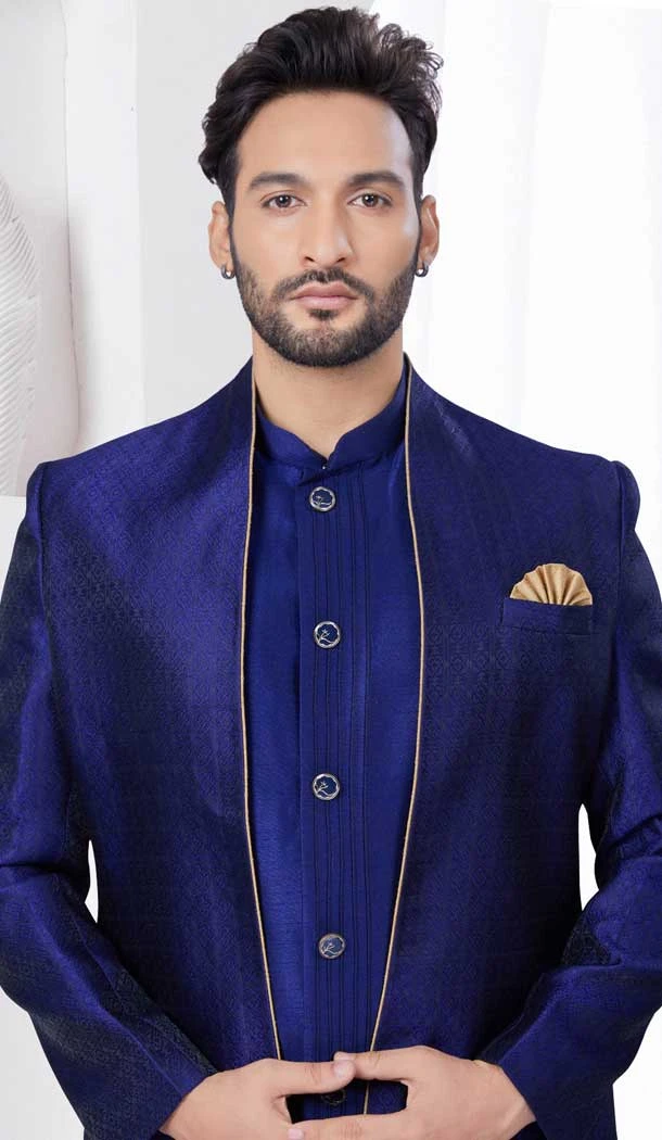 Navy Blue Art Dhupion Woven Work Wedding Wear Men Indo Western - 9705188922