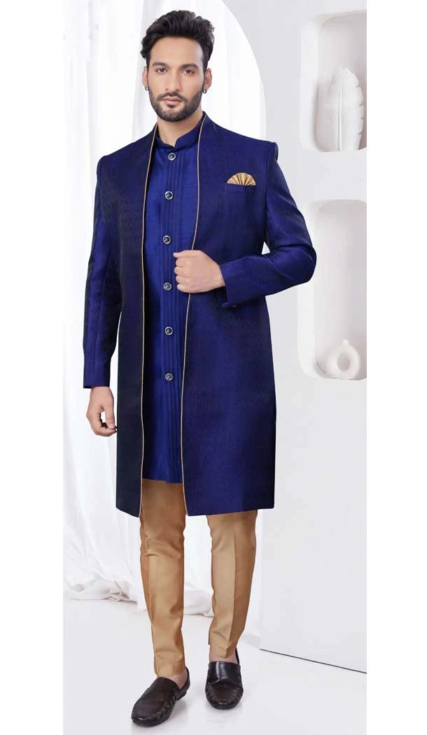 Navy Blue Art Dhupion Woven Work Wedding Wear Men Indo Western - 9705188922