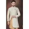 Cream With Chikoo Jacquard Silk Woven Work Wedding Wear Plus Size Men Indo Western - 9705188923