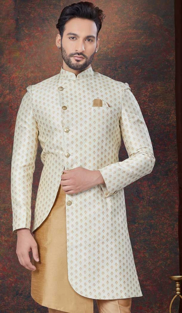Cream With Chikoo Jacquard Silk Woven Work Wedding Wear Men Indo Western - 9705188923