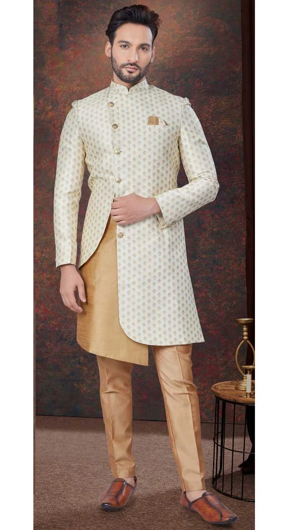 Cream With Chikoo Jacquard Silk Woven Work Wedding Wear Men Indo Western - 9705188923