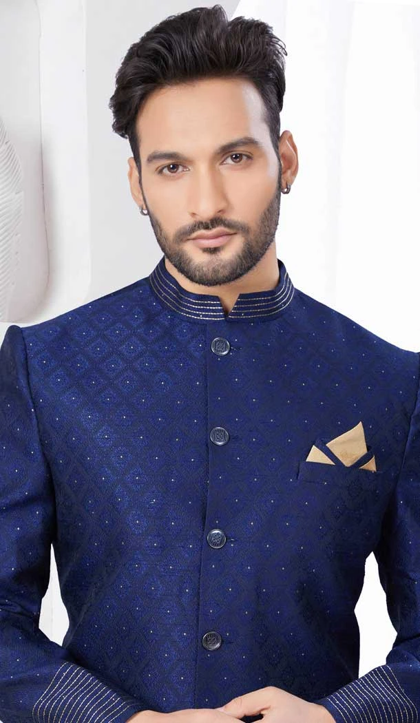 Jacquard Silk Navy Blue Woven Work Wedding Wear Men Indo Western - 9705188924