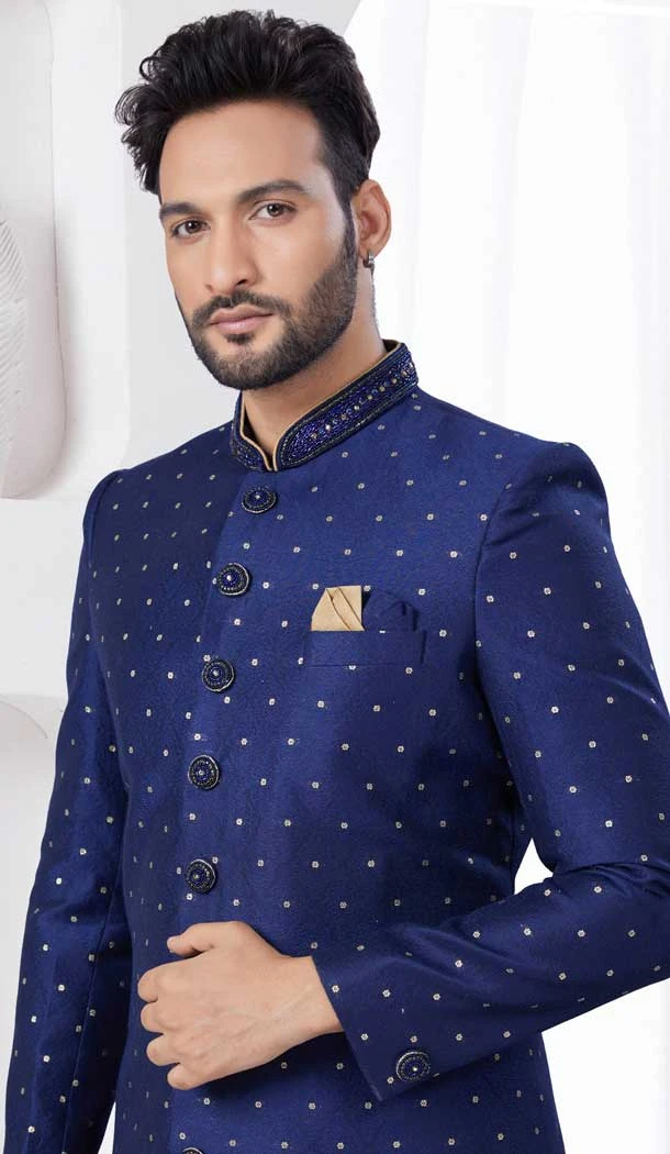 Navy Blue Jacquard Silk Stone Work Wedding Wear Men Indo Western - 9705188925